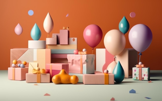 Cute Toys with colorful balloon and gift box Ai Generative