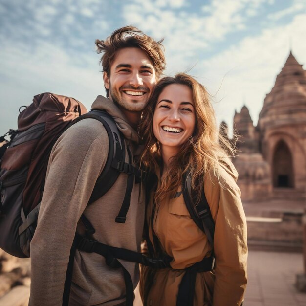 Photo cute travel man and woman couple traveling backpacking smiling having fun