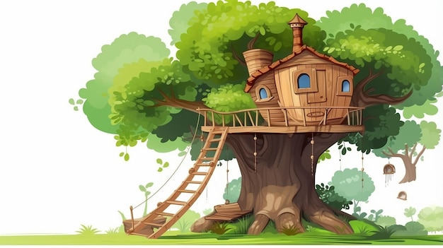 Photo cute tree house cartoon in the garden on white background