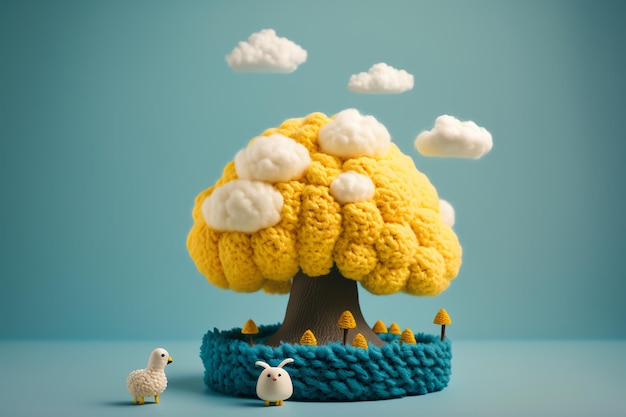 カラフルな庭の雲を編むかわいい木