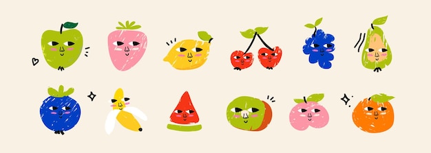 Photo cute trendy fruits and berries drawn with marker in the style of a childs drawing trending