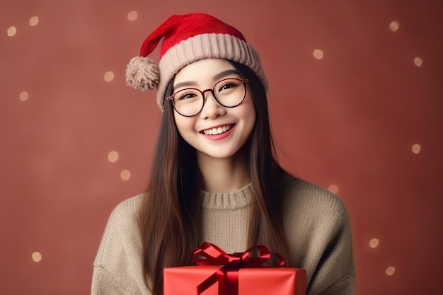 かわいいトレンディな流行に敏感なアジアの女性はクリスマス パーティーの準備ができていますサンタ帽子