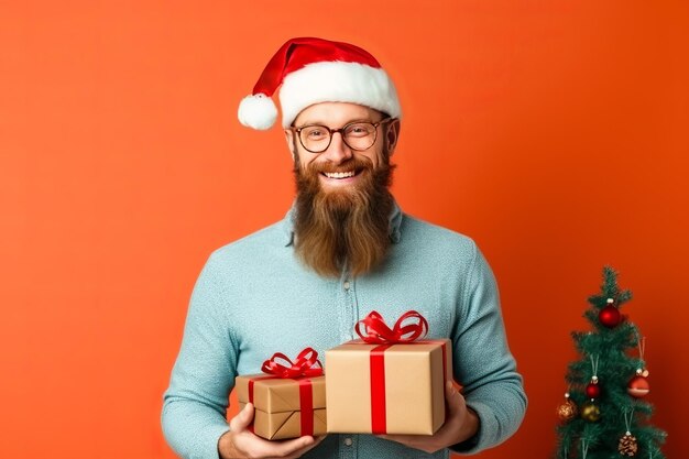Cute trendy hipster man is ready for christmas party santa hats