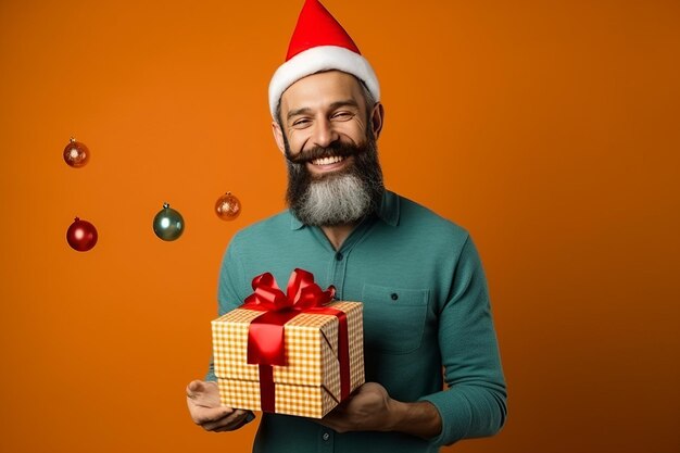 Cute trendy hipster man is ready for christmas party santa hats