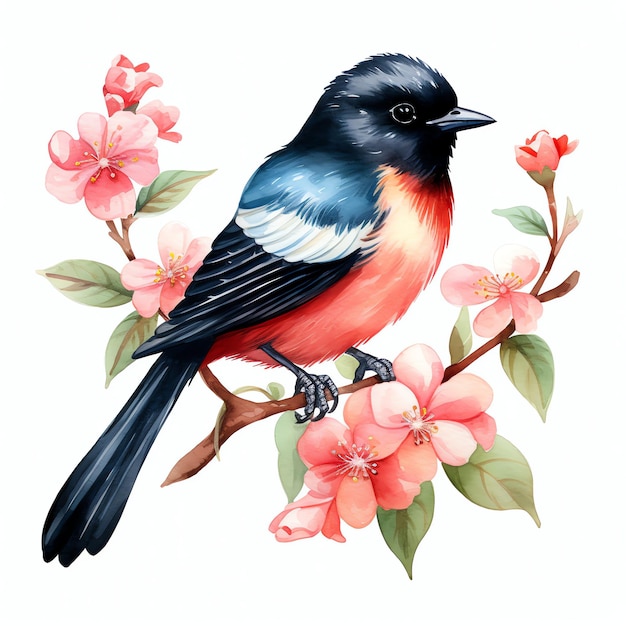 Cute Tricolored blackbird bird watercolor illustration clipart