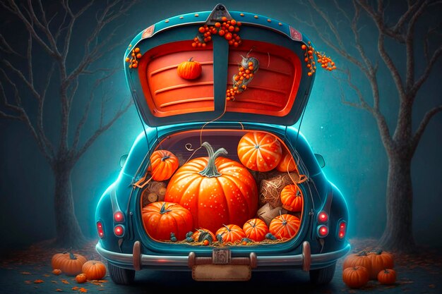 cute trunk of car decorated for Halloween AI generative