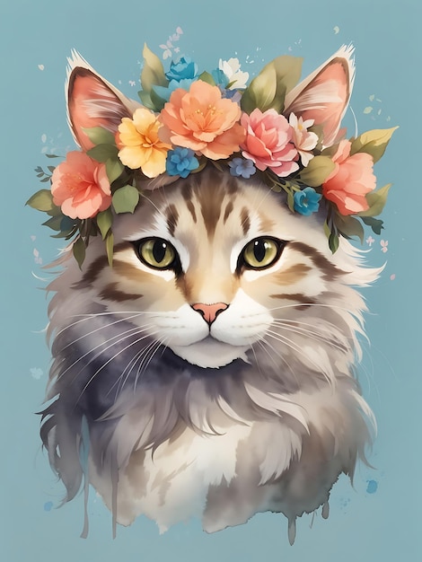 cute tshirt with a cat wearing a fantastical flower crown inspired by the whimsy of Studio Ghibli'