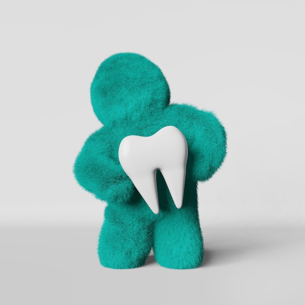 Cute turquoise furry Yeti white healthy tooth 3D rendering Faceless fluffy bigfoot Creative dental clinic advertisiment