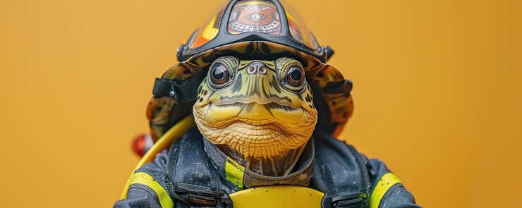 Photo a cute turtle in a firefighter39s uniform on a ivory background