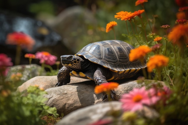 Cute turtle in flowery garden with waterfall generative IA