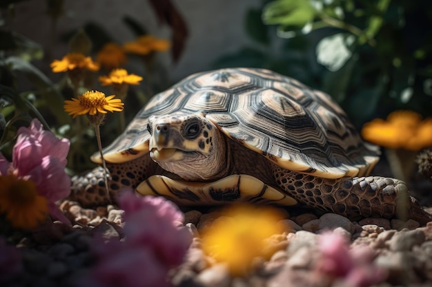 Cute turtle resting in colorful garden Natural serenity generative IA