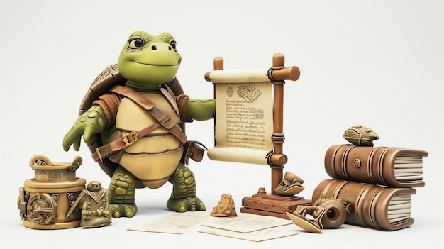 A cute turtle wearing a brown vest and a backpack is standing next to a wooden sign with a map on it