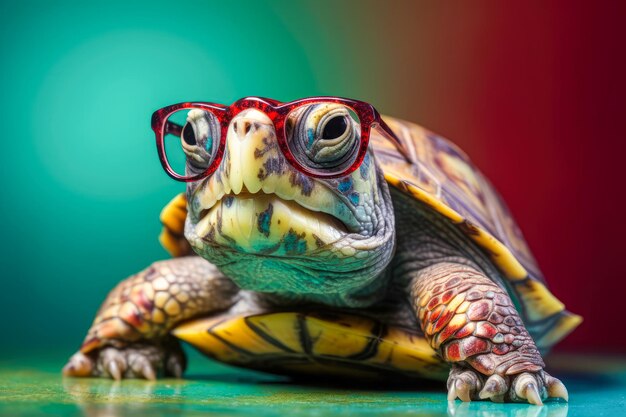 Cute turtle wearing glasses animal on summer vacation animal illustration Ai generative