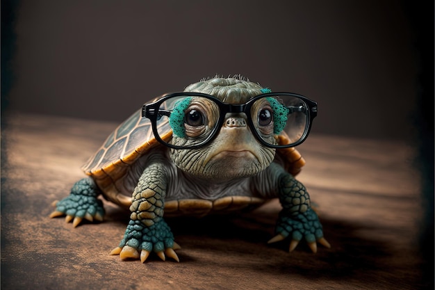 Cute turtle with glasses humor wallpaper stylish photorealistic high resolution wisdom longevity wooden table 3d visualization strong shell pet exotic sea ocean reptile AI