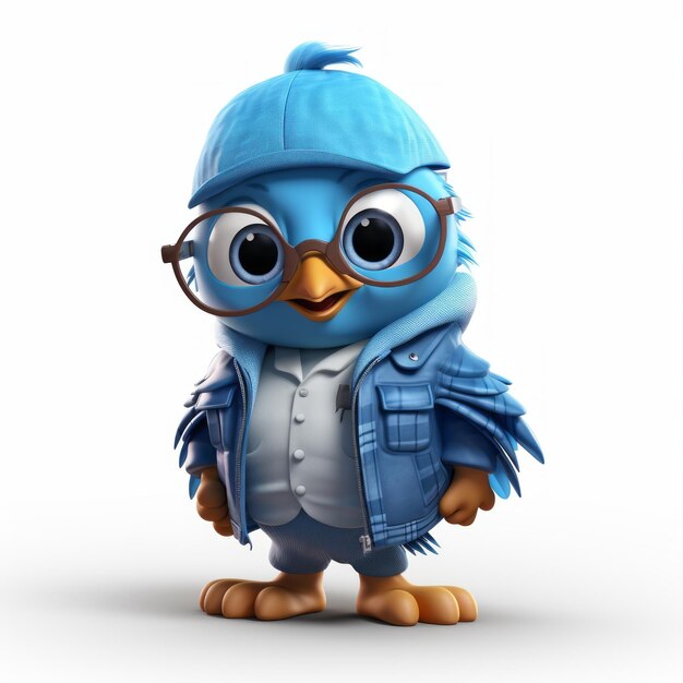 Photo cute tweeting bird in blue jacket and glasses physically based rendering