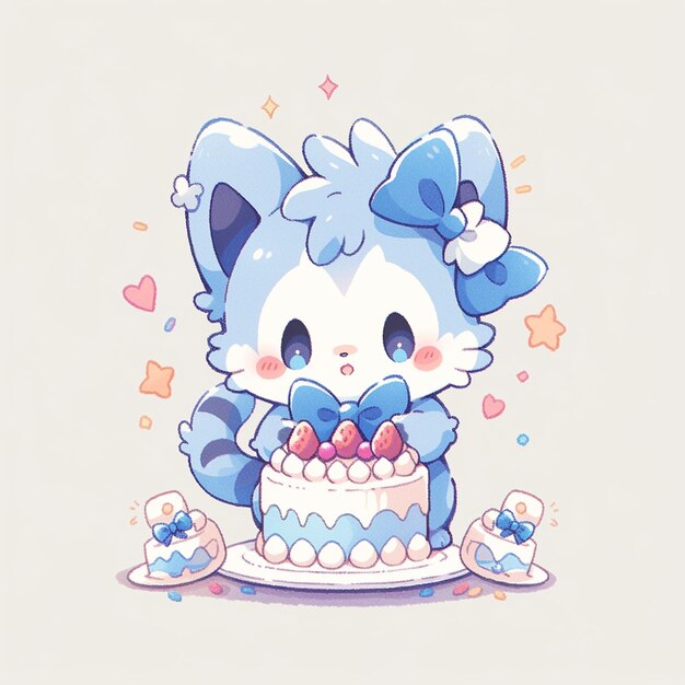 cute twin cat with birthday cake