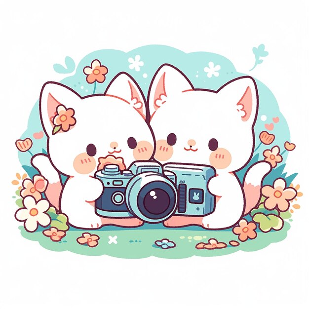 Photo cute twin cat with camera