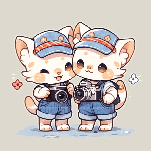 Photo cute twin cat with camera