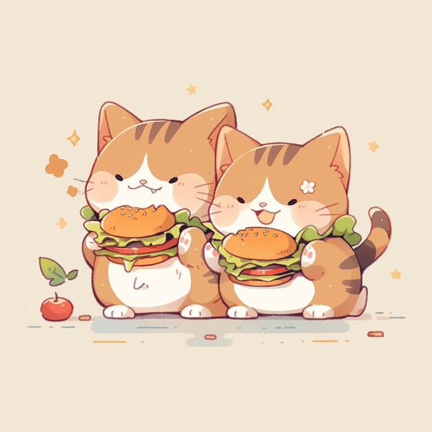 ハンバーガーを持つかわいい双子の猫