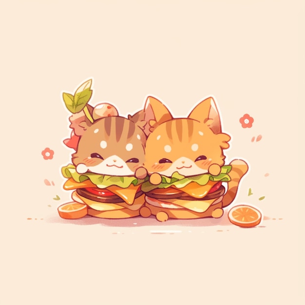 ハンバーガーを持つかわいい双子の猫