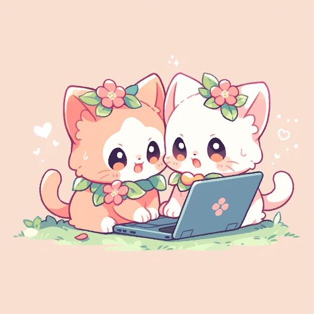 Photo cute twin cat with laptop