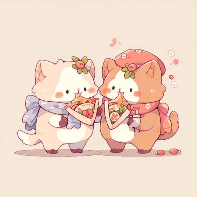 Cute twin cat with pizza