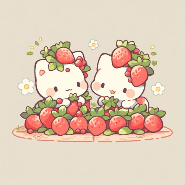 Photo cute twin cat with strawberry