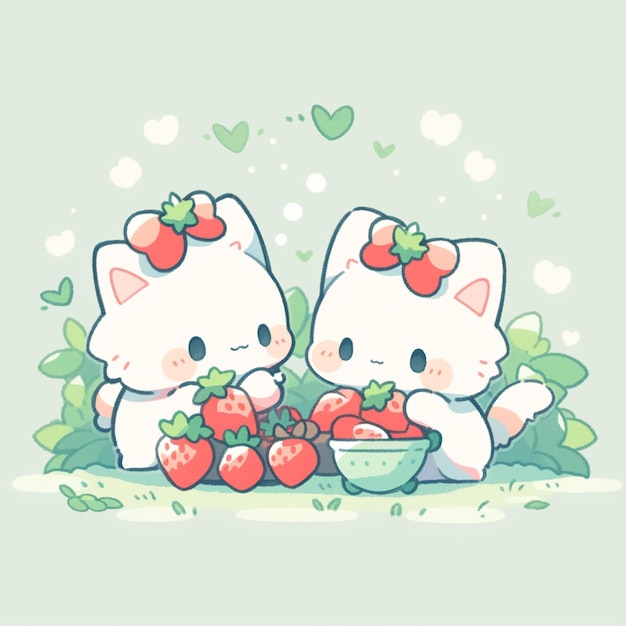 Photo cute twin cat with strawberry