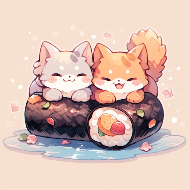 Cute twin cat with sushi