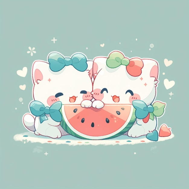 Photo cute twin cat with watermelon