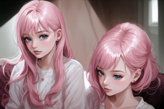 Cute twins pink barbie girl style illustration generative ai