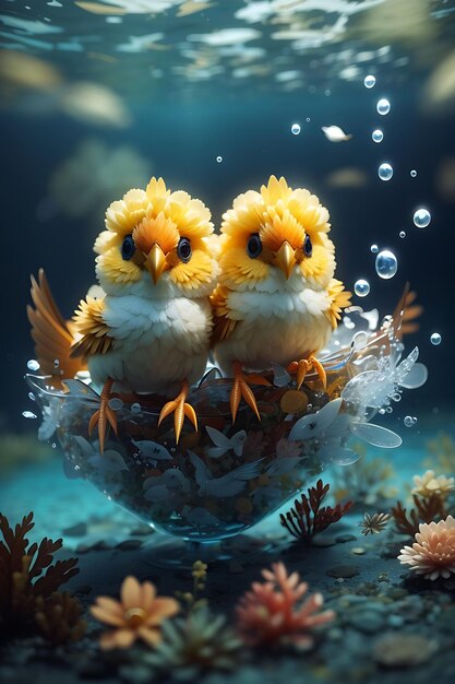 Cute Two Birds In Under Water