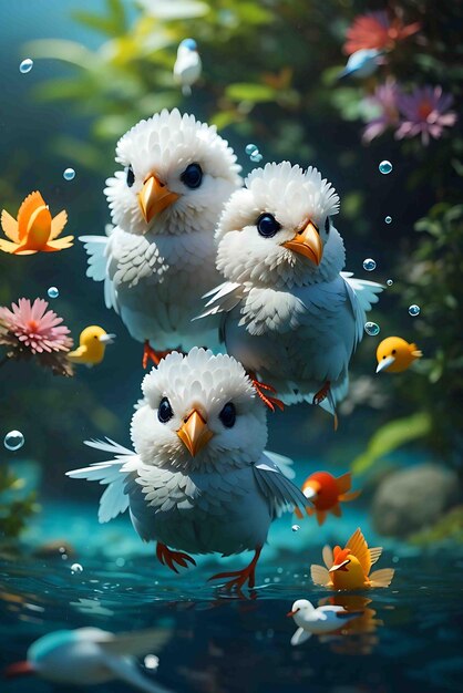 水の中のかわいい 2 羽の鳥