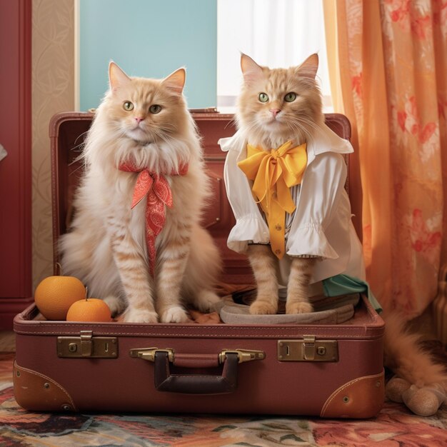 귀여운 두 고양이 다채로운 상자 새끼 고양이 동물 일러스트 그림 AI 생성 예술