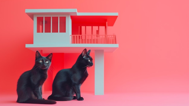 Cute two cats with a toy house