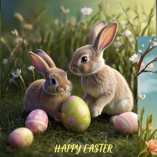 Cute Two Little Bunnies With Easter Egg In The Grass Illustration