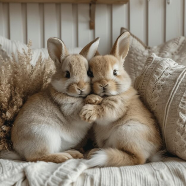 Foto due graziosi conigli su sfondo bianco
