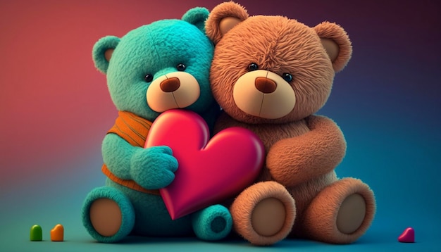 Cute two teddy bears holding a heart on colorful background Ai generative