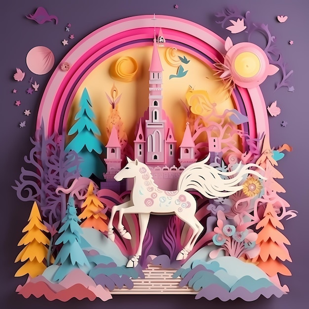 cute unicorn cartoon character with castle 3d paper Generative AI