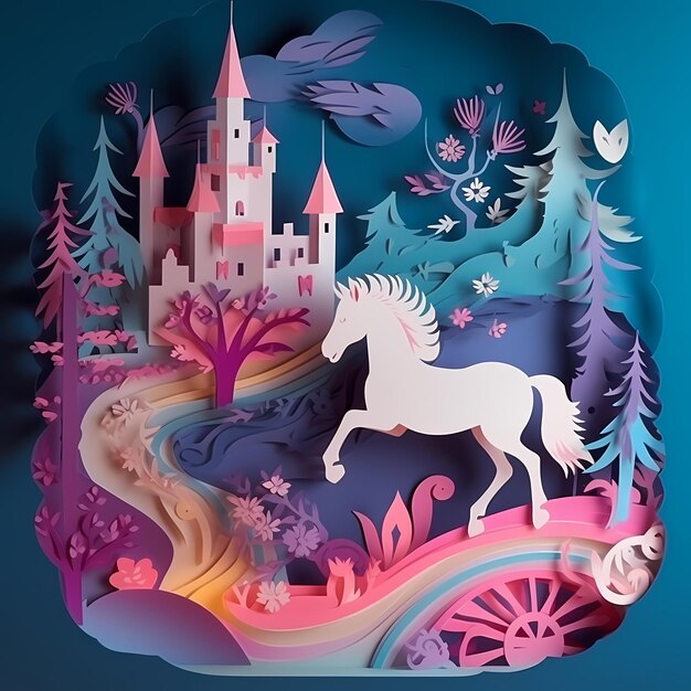 Photo cute unicorn cartoon character with castle generative ai