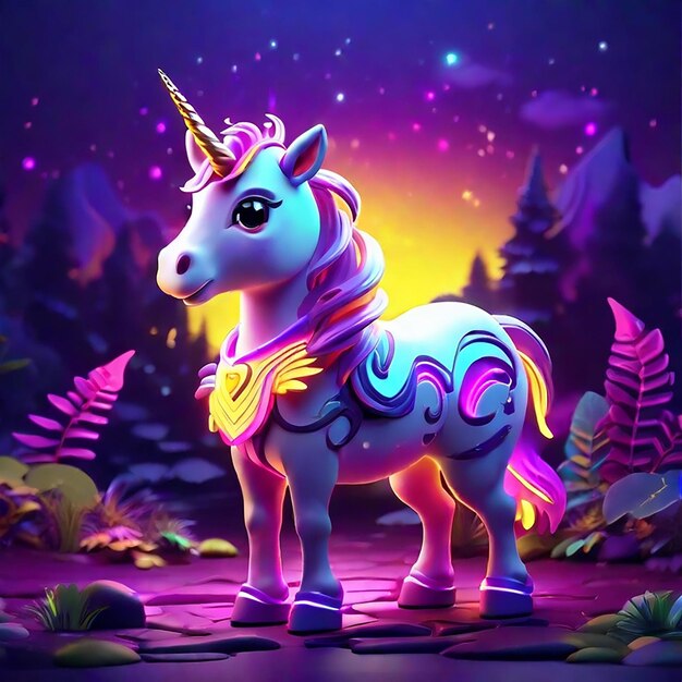 A cute unicorn character stands in nature by night generated by ai