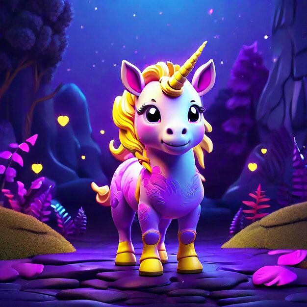 A cute unicorn character stands in nature by night generated by ai