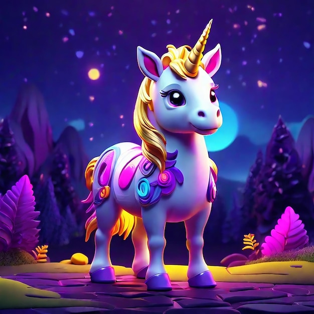 A cute unicorn character stands in nature by night generated by AI