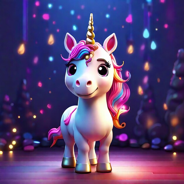 A cute unicorn character with colorful light generated by AI