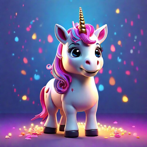 A cute unicorn character with colorful light generated by AI