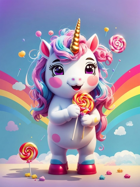 Cute unicorn eating lollipops with a rainbow in the background