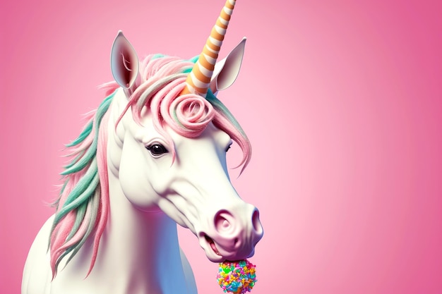 Cute unicorn eating sweets on pink background