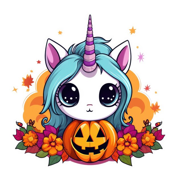 Photo cute unicorn halloween design bold outline colorful vector kawaii charm on white background