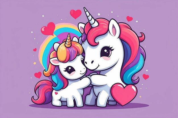 Photo cute unicorn hug love heart cartoon vector icon illustration animal love icon concept isolated flat