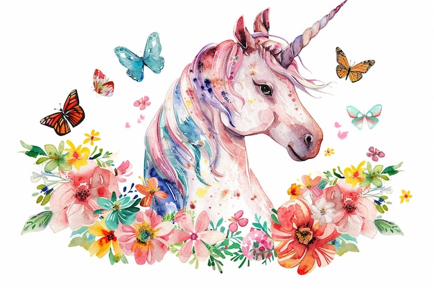 cute unicorn lovely with flowers and butterflies isolated on a white background watercolor illustration